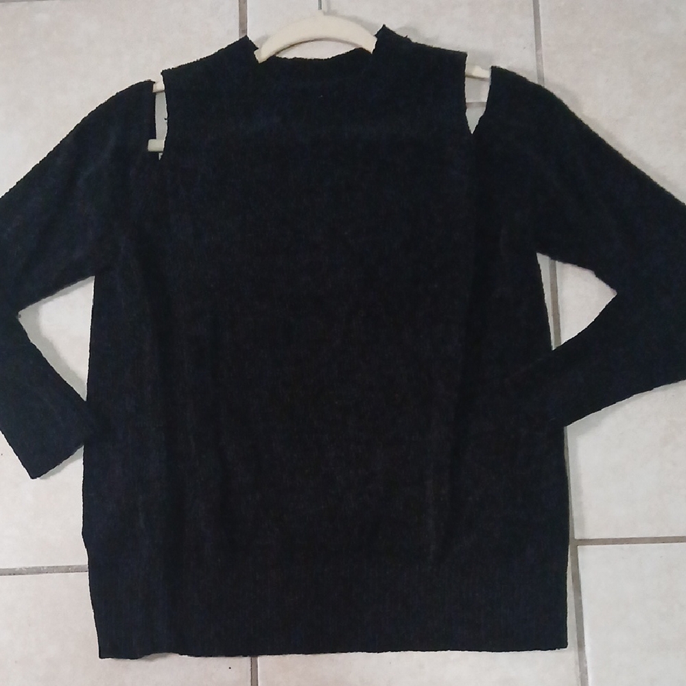 LOFT Womens Size L Black Chenille Shoulder Cut Out Pullover Sweater